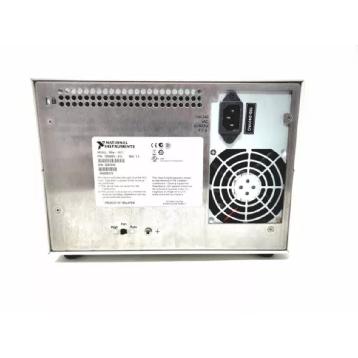National Instruments PXIe-1071 chassis rear view. Features power input, cooling fan, and product label with specifications.