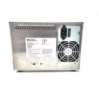 National Instruments PXIe-1071 chassis rear view. Features power input, cooling fan, and product label with specifications.
