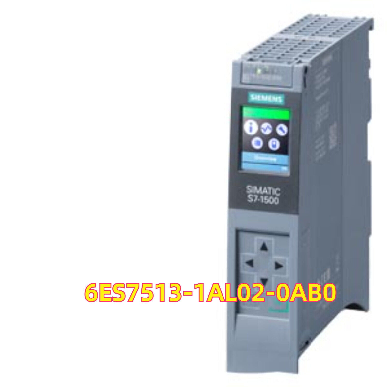 Siemens SIMATIC S7-1500 CPU 6ES7 513-1AL02-0AB0, industrial automation part, grey PLC with a display.
