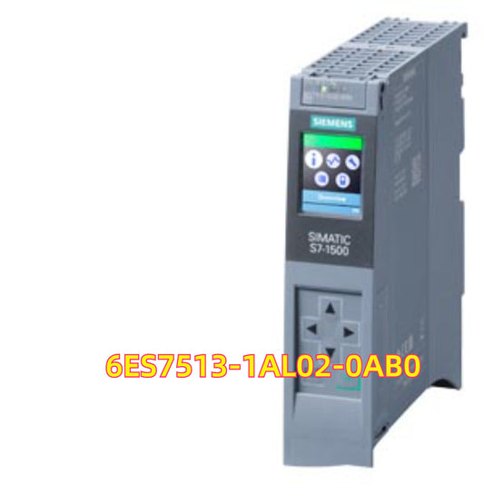 Siemens SIMATIC S7-1500 CPU 6ES7 513-1AL02-0AB0, industrial automation part, grey PLC with a display.