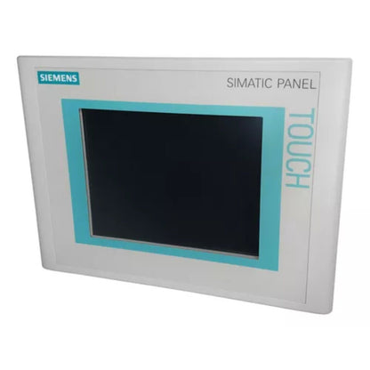 Siemens SIMATIC HMI touch panel with touch screen and white frame. Industrial automation equipment.