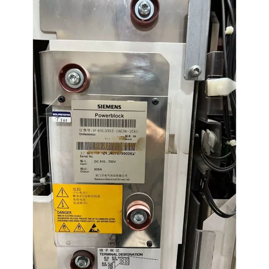 Siemens Powerblock 6SL3352-1AE36-1CA1 with terminal designation and warning labels, industrial automation part.
