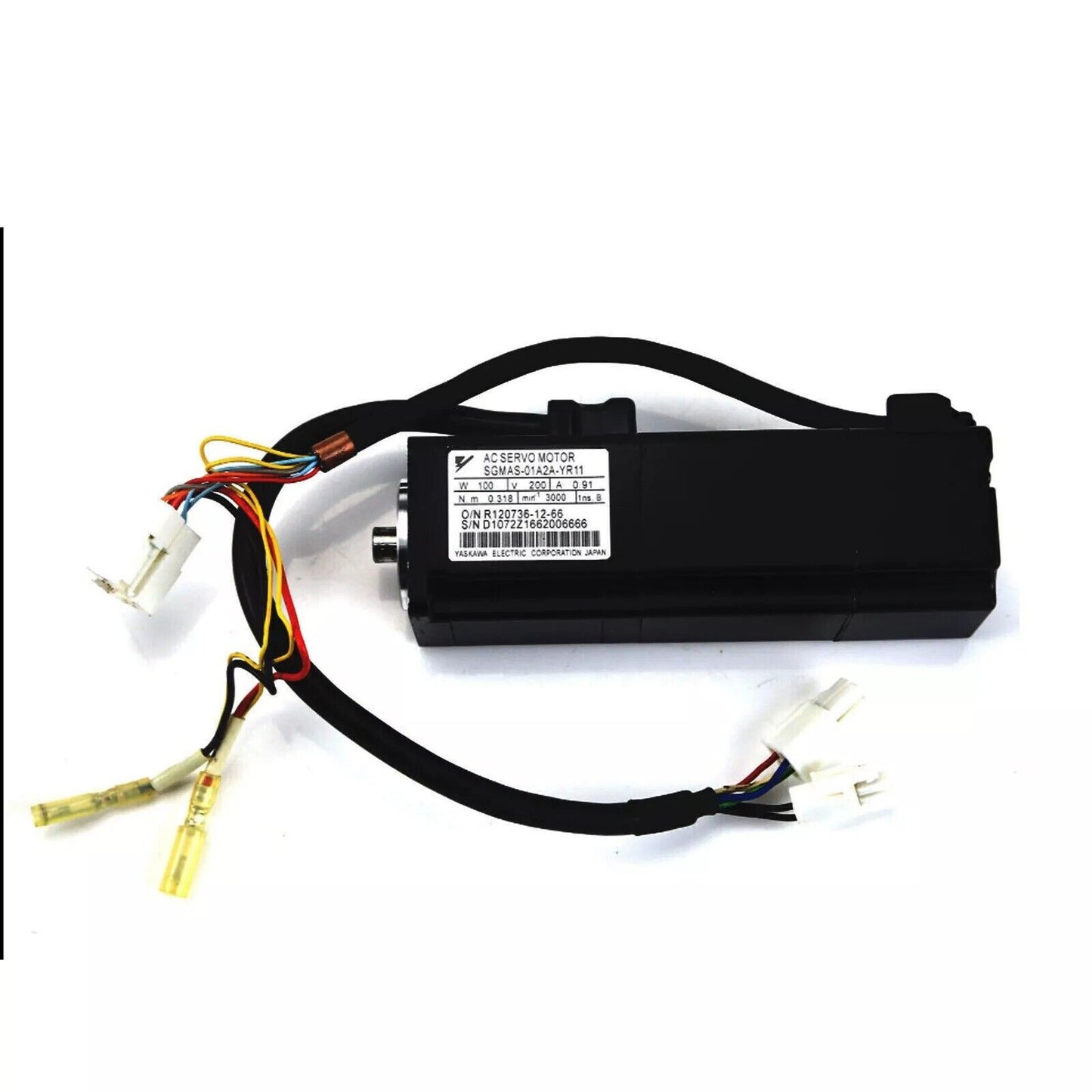 YASKAWA SGMAS-01A2A-YR11 AC Servo Motor. Black servo motor with wiring and labels.