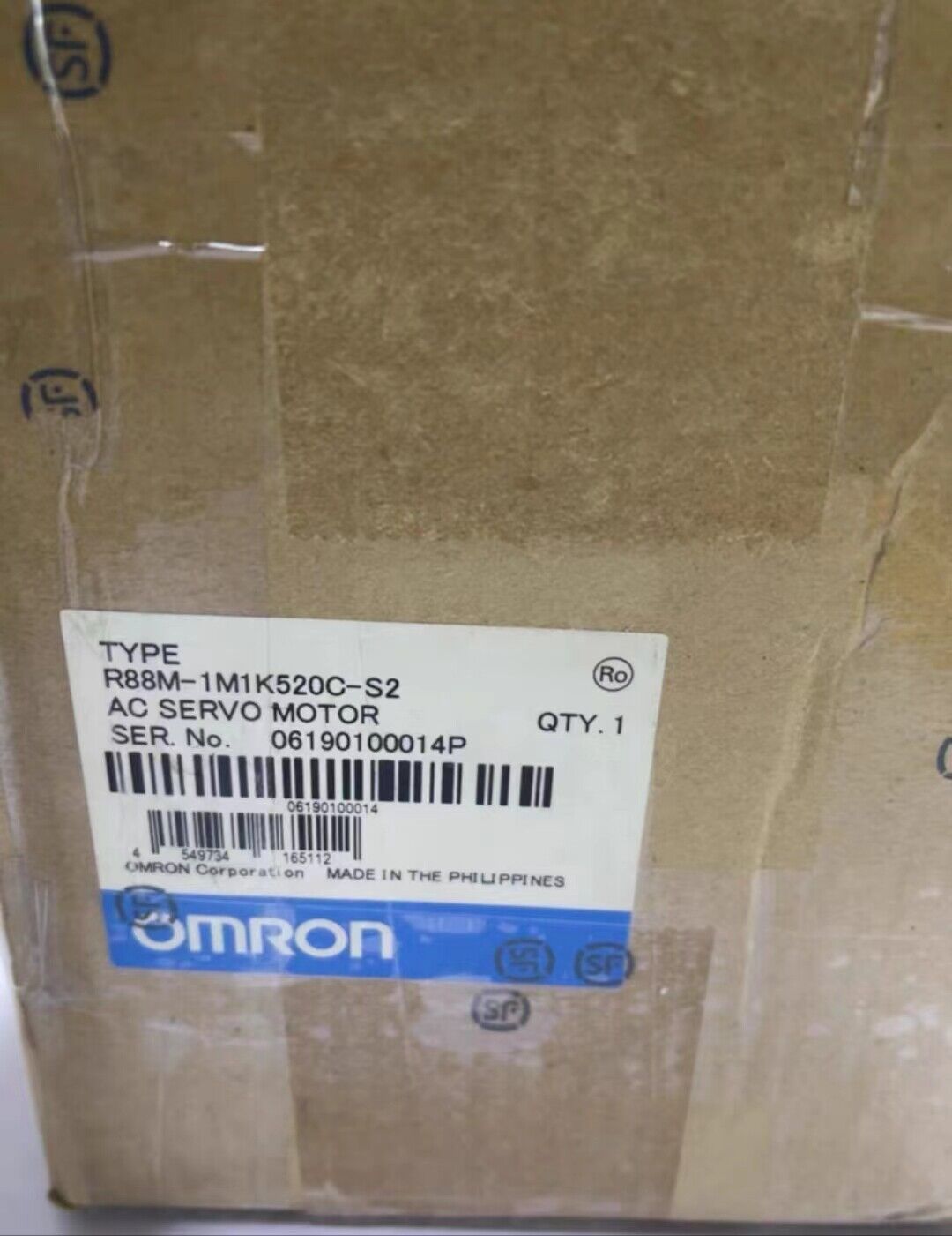 Omron R88M-1M1K520C-S2 AC Servo Motor - Original packaging label, Made in Philippines, industrial automation parts.