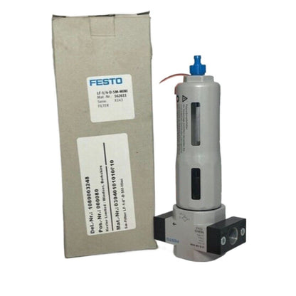 FESTO LF-1/4-D-5M-MINI compressed air filter, grey and black with blue cap. Industrial automation part.