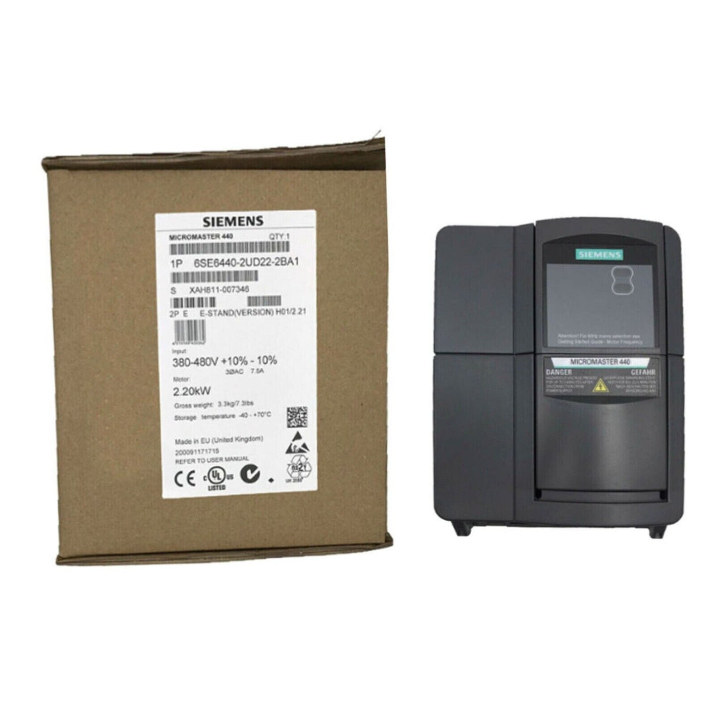 Siemens MICROMASTER 440 Inverter, 6SE6440-2UD22-2BA1, industrial automation control unit, 2.20kW, black.