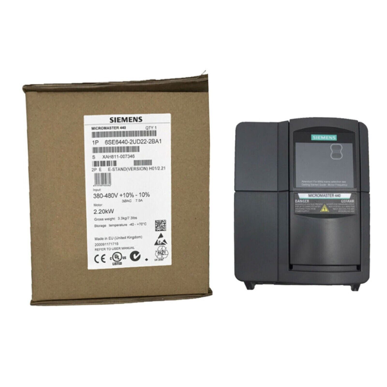 Siemens MICROMASTER 440 Inverter, 6SE6440-2UD22-2BA1, industrial automation control unit, 2.20kW, black.
