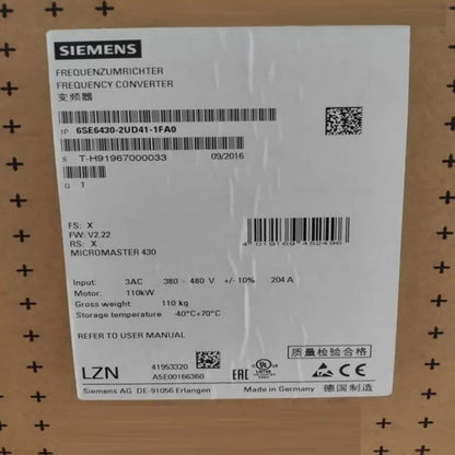 Siemens MICROMASTER 430 Frequency Converter Label 6SE6430-2UD41-1FA0, Industrial Automation Part