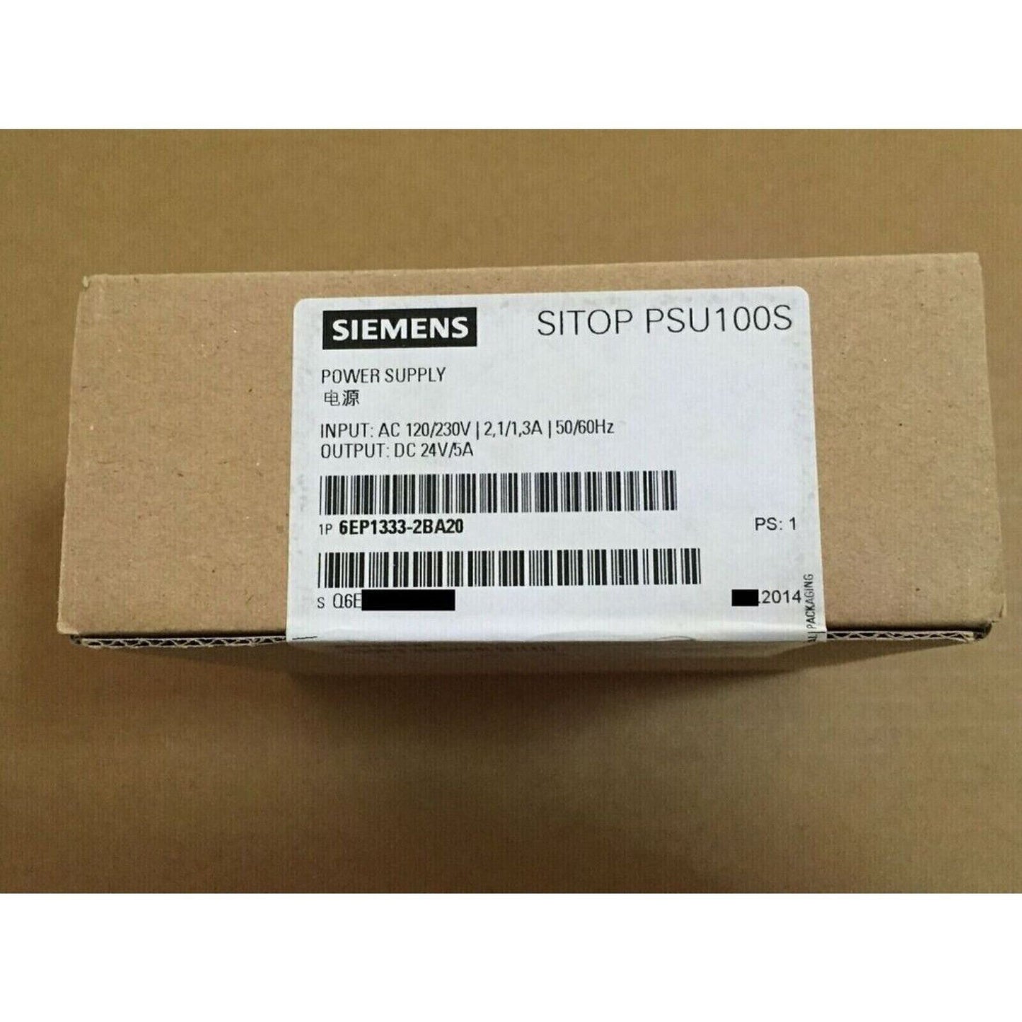 Siemens SITOP PSU100S power supply box, 6EP1333-2BA20. Industrial automation part for PLC systems. Features 24V/5A output.