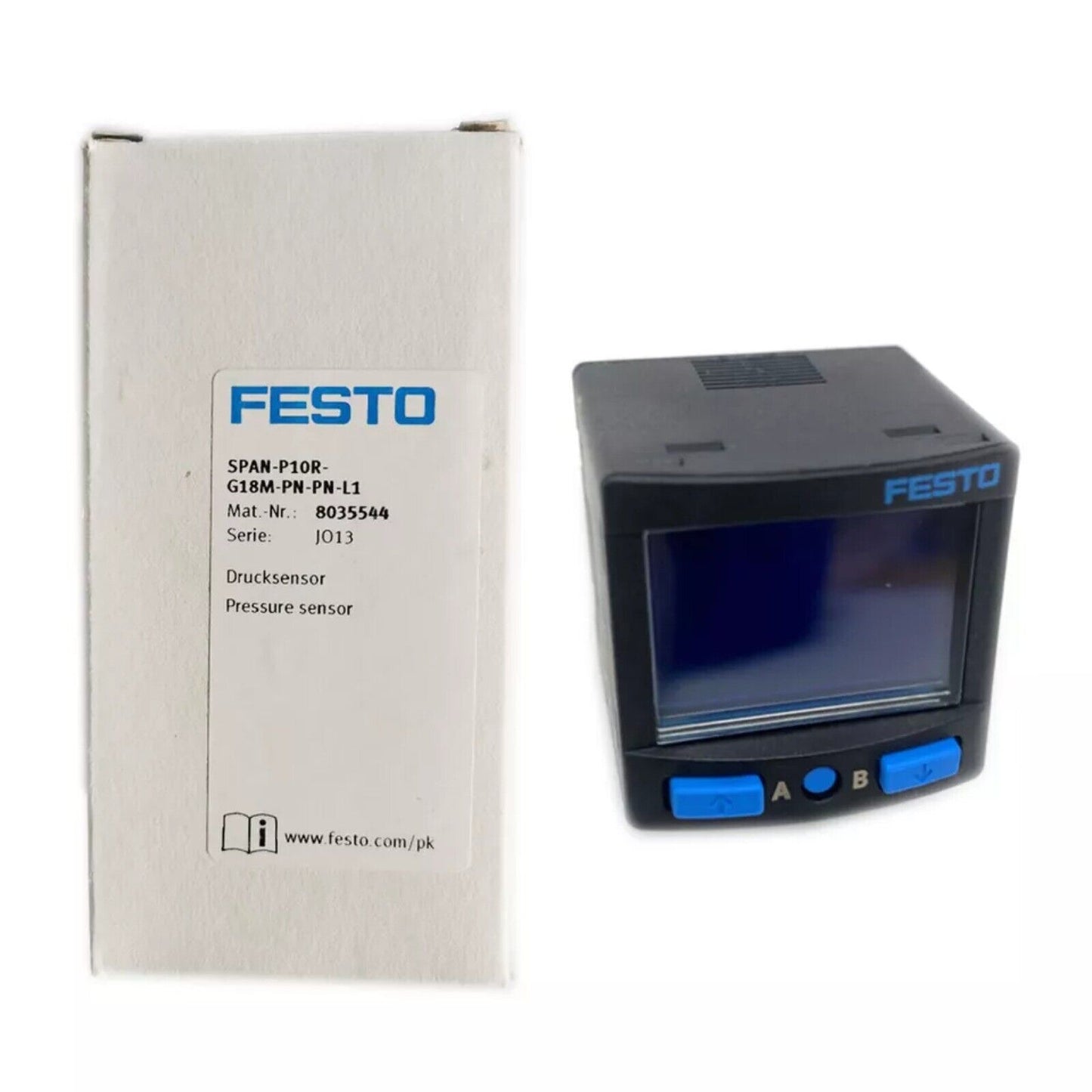 Festo SPAN-P10R-G18M-PN-PN-L1 Pressure Sensor, black with blue accents. Includes packaging with product details.