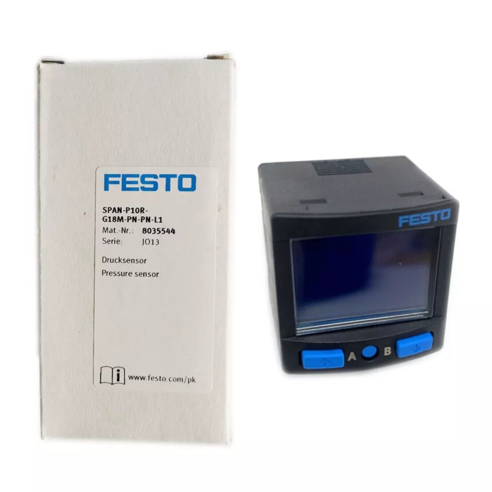 Festo SPAN-P10R-G18M-PN-PN-L1 Pressure Sensor, black with blue accents. Includes packaging with product details.