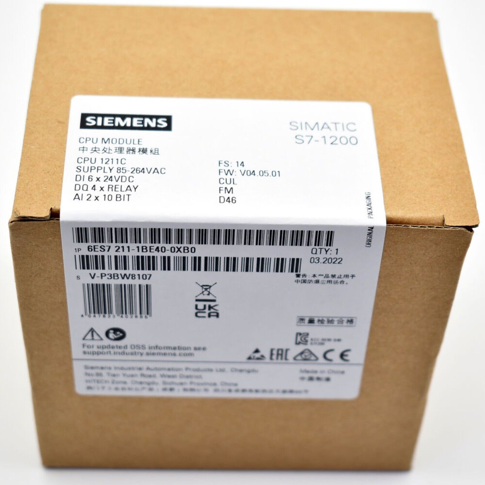 SIMATIC S7-1200 CPU 1211C 6ES7 211-1BE40-0XB0 PLC module in box, Siemens industrial automation part.