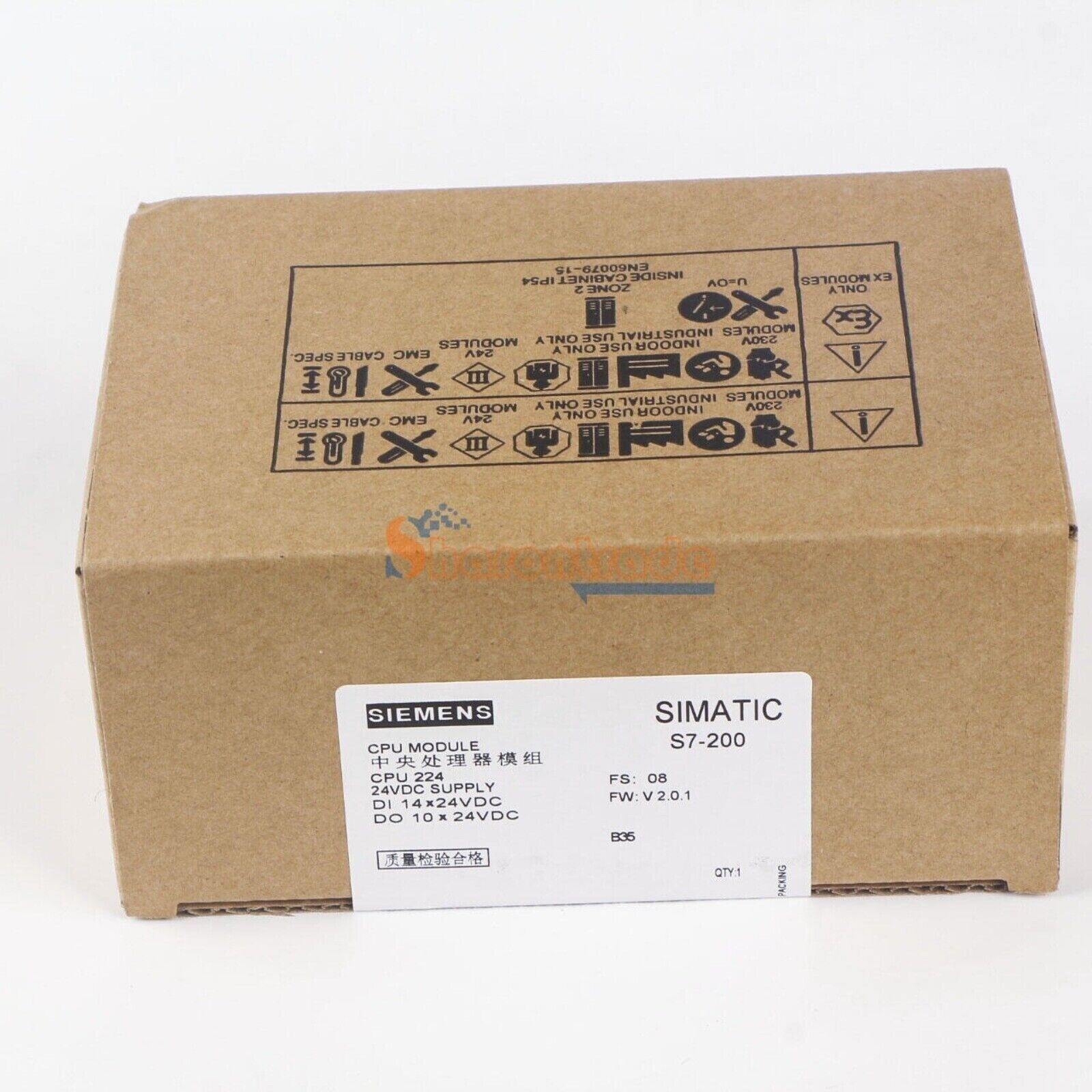 Siemens SIMATIC S7-200 CPU 224 PLC Module, industrial automation part in box, labels and text visible, product packaging