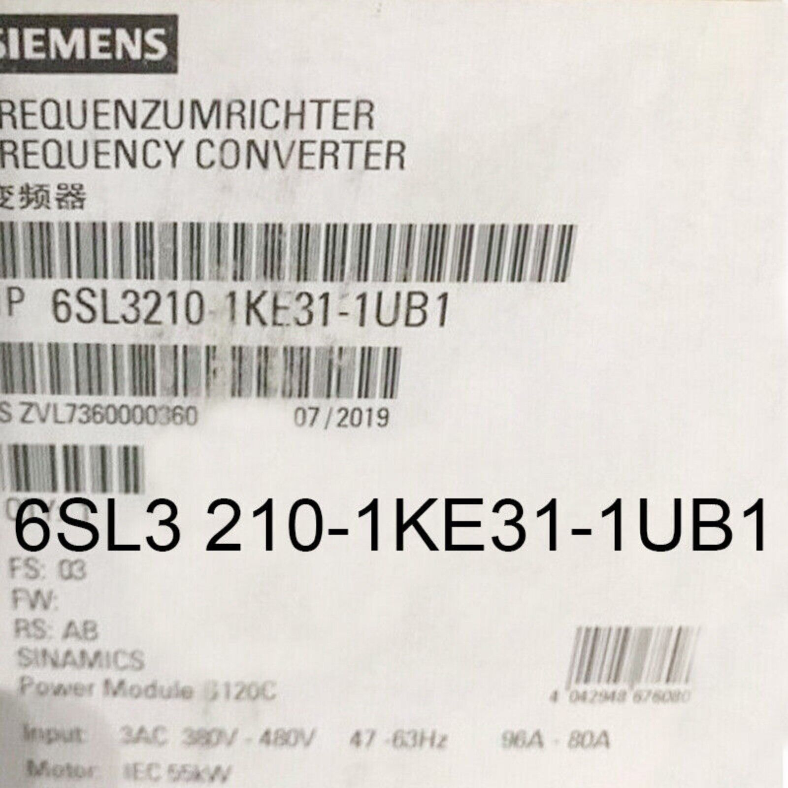Siemens SINAMICS G120C frequency converter, model 6SL3210-1KE31-1UB1, industrial automation part.
