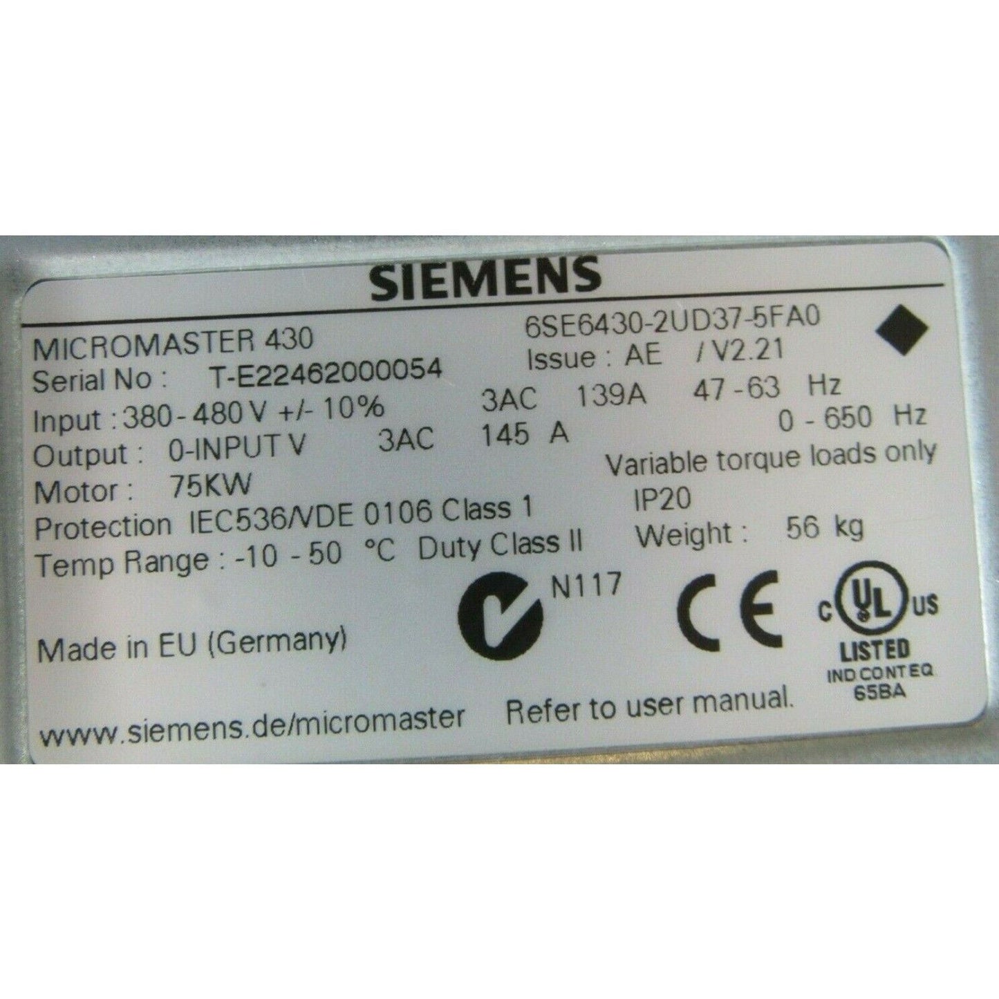 PLC | Siemens | 6SE6430-2UD37-5FA0 MICROMASTER 430 DRIVE 100HP 6SE6 430-2UD37-5FA0