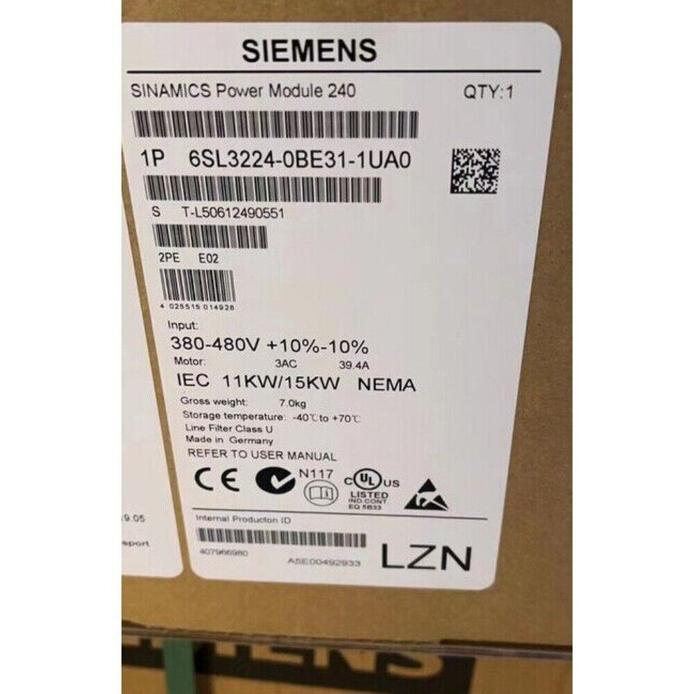 Siemens SINAMICS Power Module 240, 6SL3224-0BE31-1UA0 industrial automation part label, 11KW, NEMA, CE certified