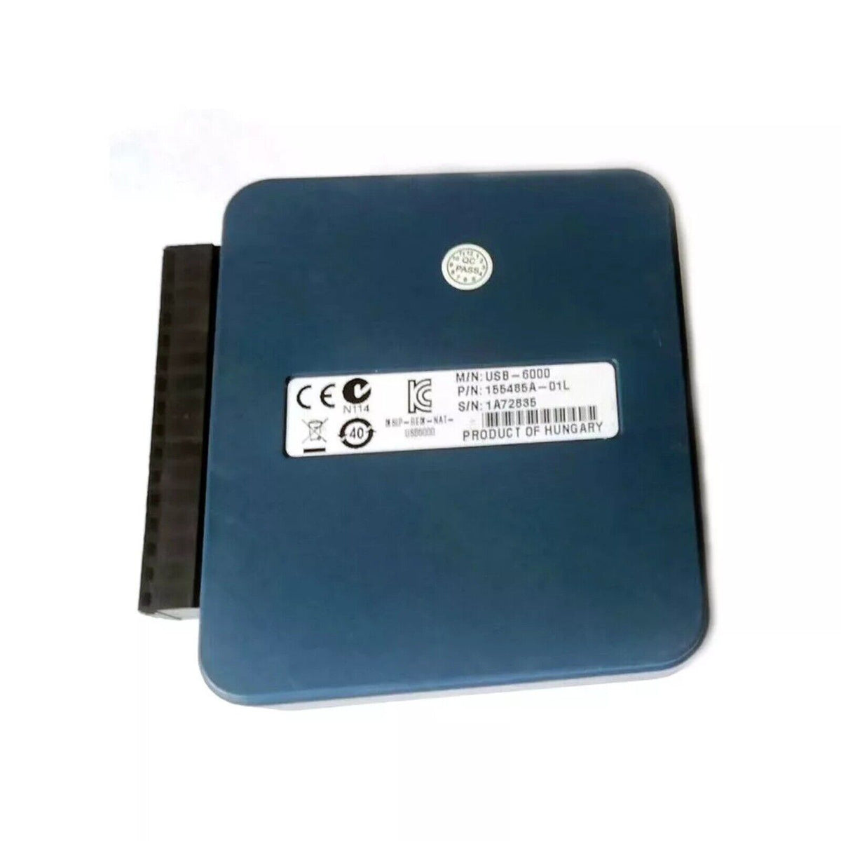 National Instruments USB-6000 Multifunction I/O Device, blue, with details of model, part number, and 'Product of Hungary'.
