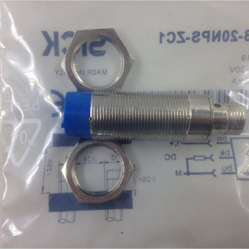 SICK IM18-20NPS-ZC1 Proximity Sensor, silver body with blue sensor face and two nuts