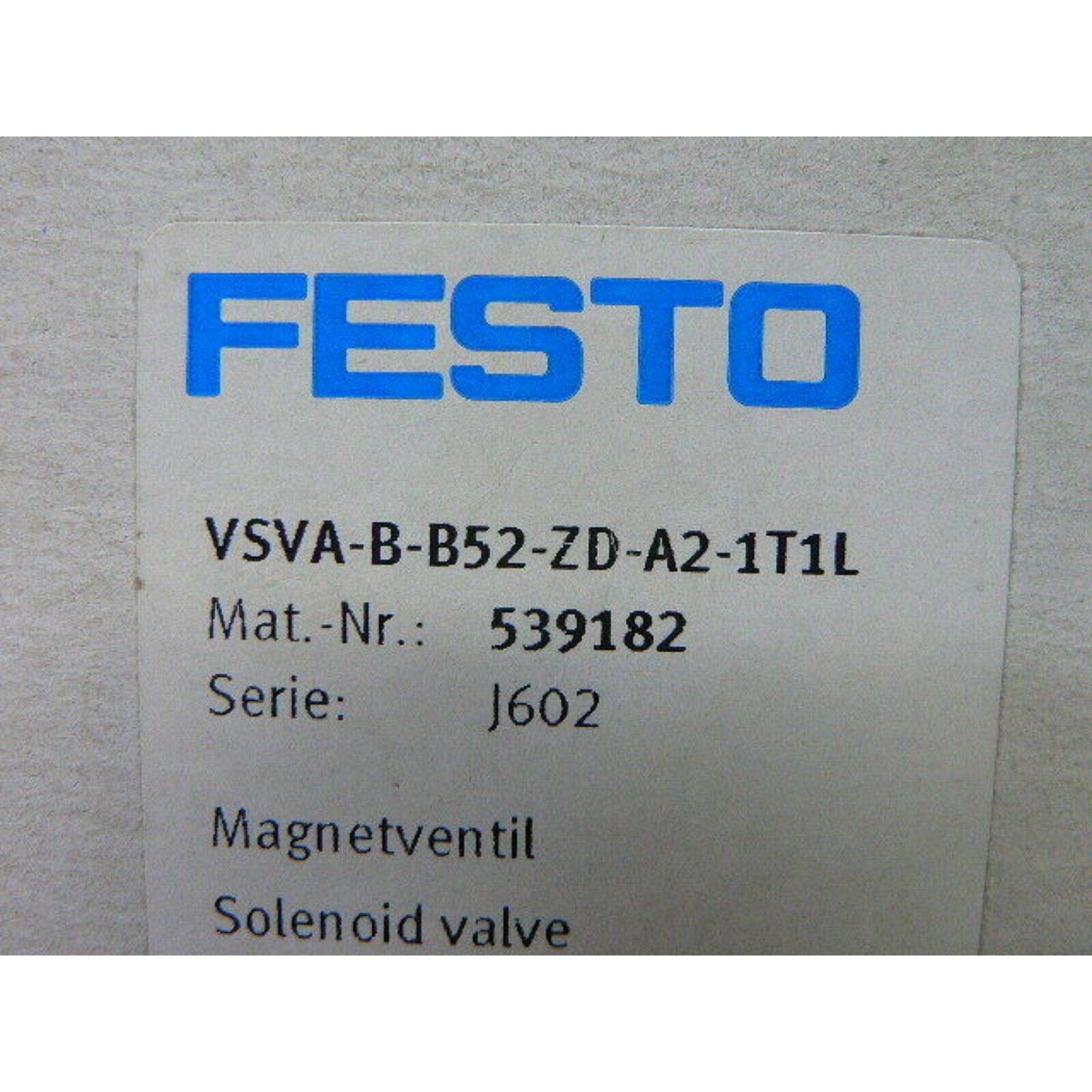 FESTO VSVA-B-B52-ZD-A2-1T1L Solenoid Valve label, part number 539182, industrial automation part.