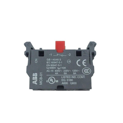 ABB MCB-01 Modular contact block 1NC, gray and black with red component, industrial automation part.