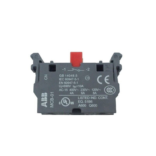 ABB MCB-01 Modular contact block 1NC, gray and black with red component, industrial automation part.