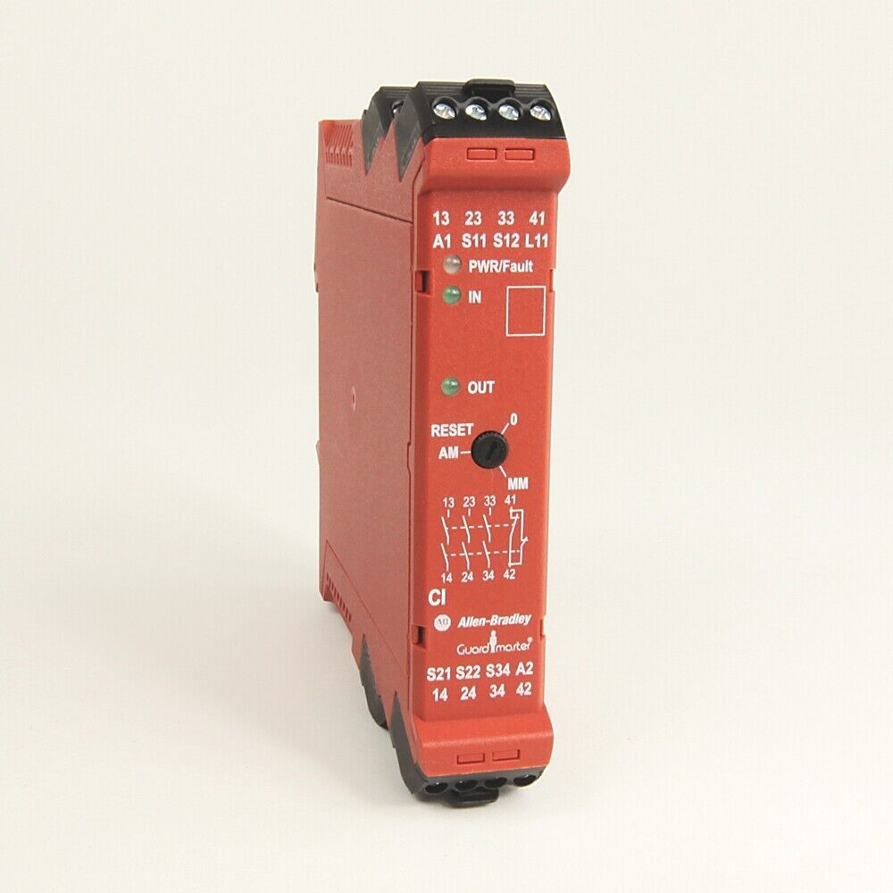 Allen-Bradley Minotaur 440R-S13R2 safety relay module, red housing with labels and indicators.