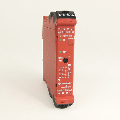 Allen-Bradley Minotaur 440R-S13R2 safety relay module, red housing with labels and indicators.