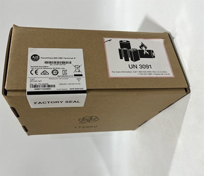Allen-Bradley PanelView 800 HMI terminal box with product label, factory seal and UN 3091 hazard warning.