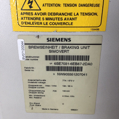 Siemens SIMOVERT BRAKING UNIT label, model 6SE7031-6EB87-2DA0, industrial automation part, caution label.