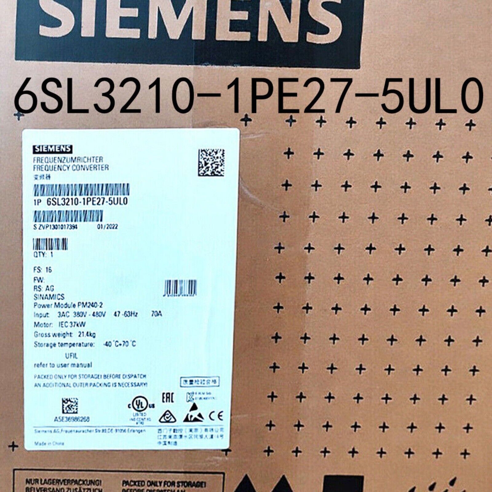 Siemens SINAMICS G120P frequency converter, product code 6SL3210-1PE27-5UL0, industrial automation part.