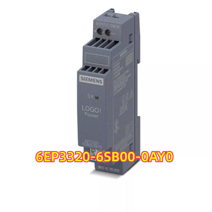 Siemens 6EP3320-6SB00-0AY0 POWER Stabilized Power Supply, grey and black, with the Siemens logo and product details.