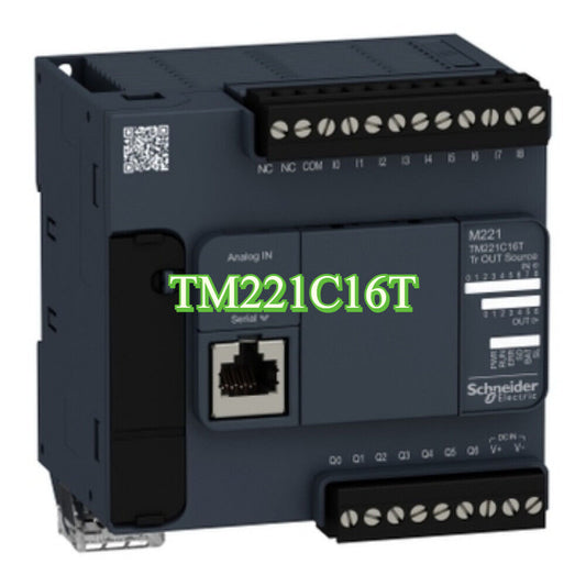 Schneider Electric TM221C16T PLC Module, new in box, featuring Ethernet port and terminal block connectors.