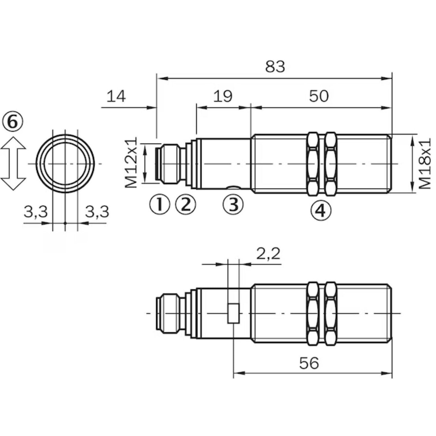 Dimensional drawing of SICK VL18-4P2240V photoelectric sensor, showing dimensions and connection details, M12x1, M18x1.