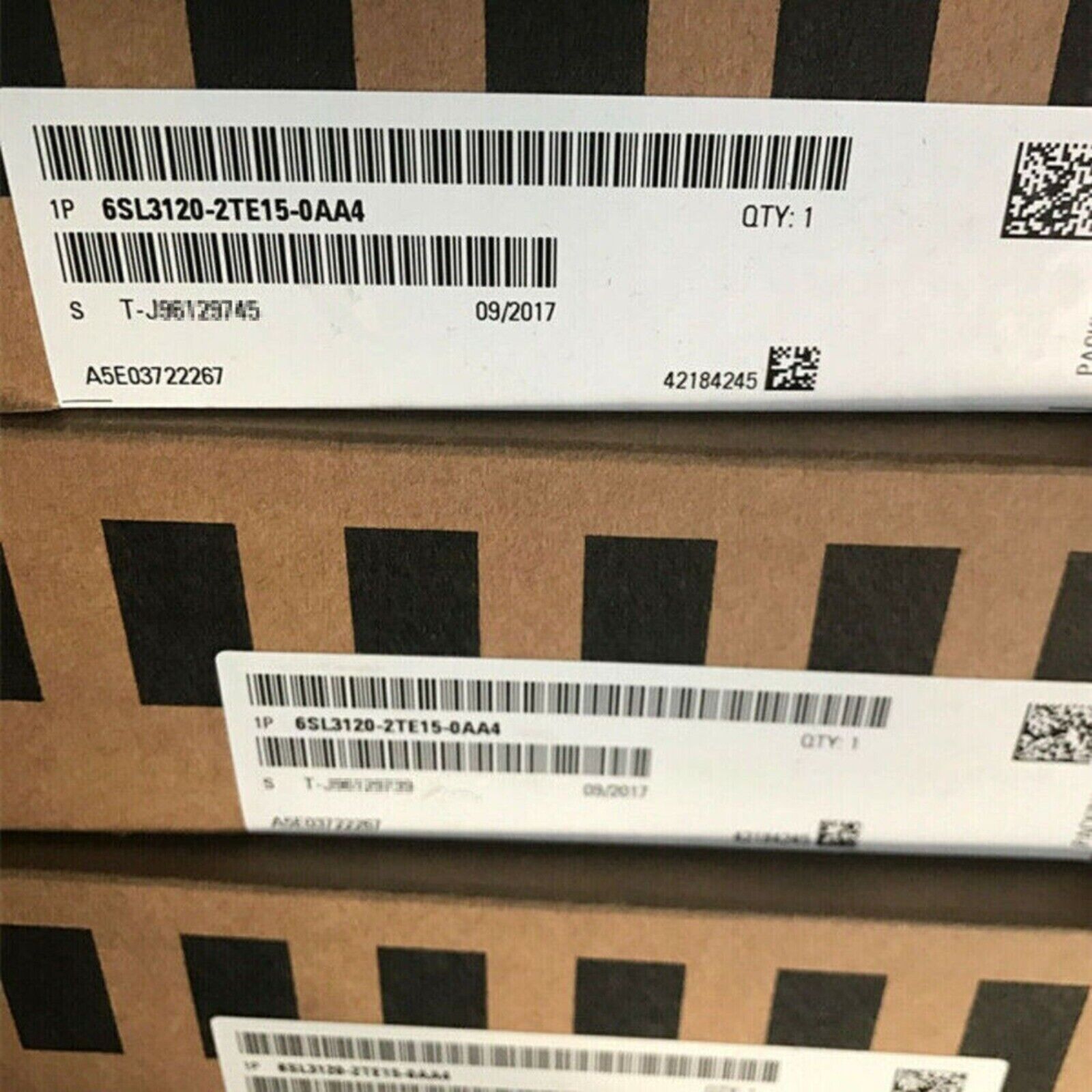 Siemens SINAMICS S120 6SL3120-2TE15-0AA4 Double Motor Module box label with barcodes and part information.