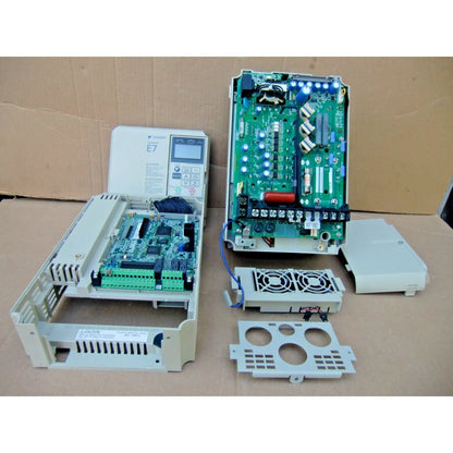 YASKAWA E7 variable frequency AC drive, partially disassembled, revealing internal components, model CIMR-E7U47P5