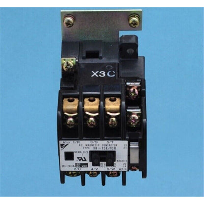 Yaskawa HI-15E/TCU AC Magnetic Contactor, black industrial automation part, featuring X3C mark and technical details.