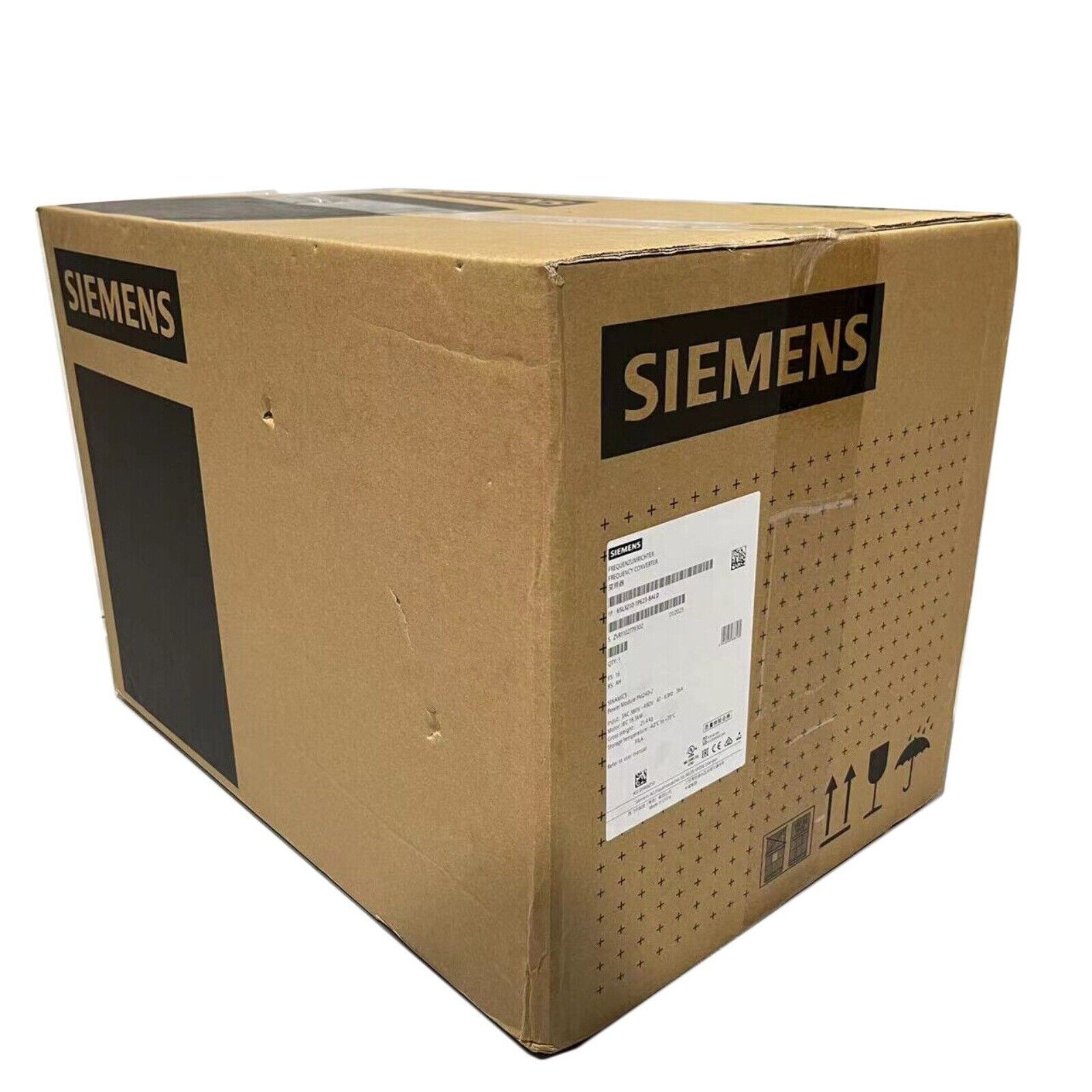 Siemens SINAMICS G120 Power Module box. Industrial automation part packaging, brown cardboard with product label.