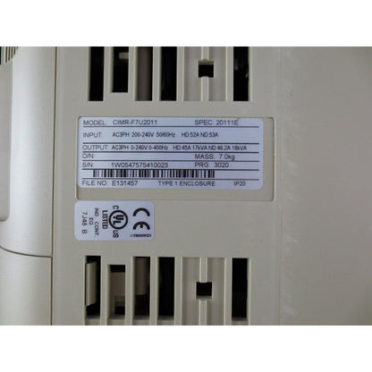 YASKAWA F7 CIMR-F7U2011 AC Drive, beige casing with label details. Industrial automation equipment.