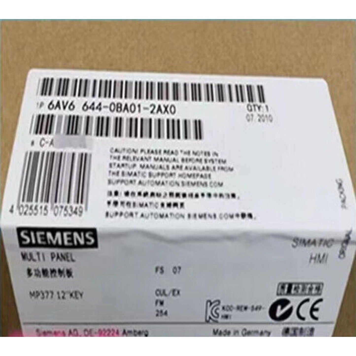 Siemens SIMATIC MP377 Multi Panel 6AV6 644-0BA01-2AX0 packaging, product label