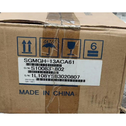 Yaskawa SGMGH-13ACA61 servo motor in box, Made in China, with serial and order number information