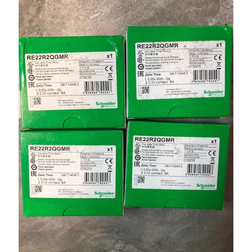 Schneider Electric RE22R2QGMR Time Relay, industrial automation component, green packaging, product details visible.
