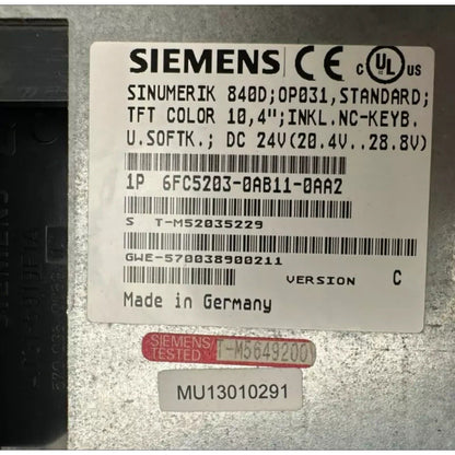 Siemens SINUMERIK 840D operator panel, 6FC5203-0AB11-0AA2, TFT color display, industrial automation, Made in Germany.