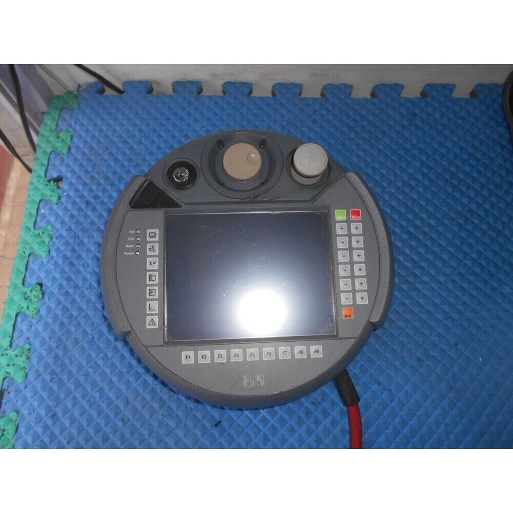 B&R 5MP050.0653-04 Industrial Mobile Panel, gray controller with buttons and screen, red cable connected