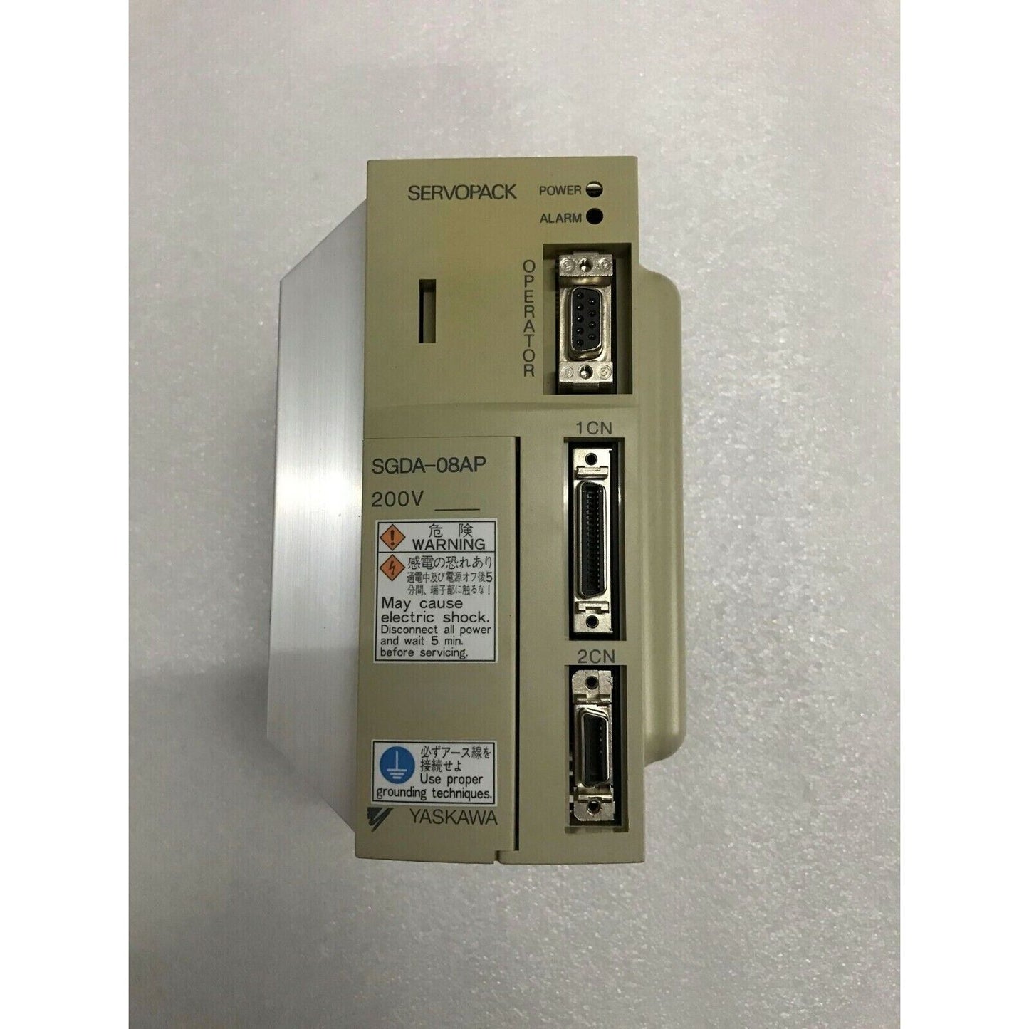 YASKAWA SGDA-08AP AC Servo Drive, 200V, industrial automation component with warning labels.