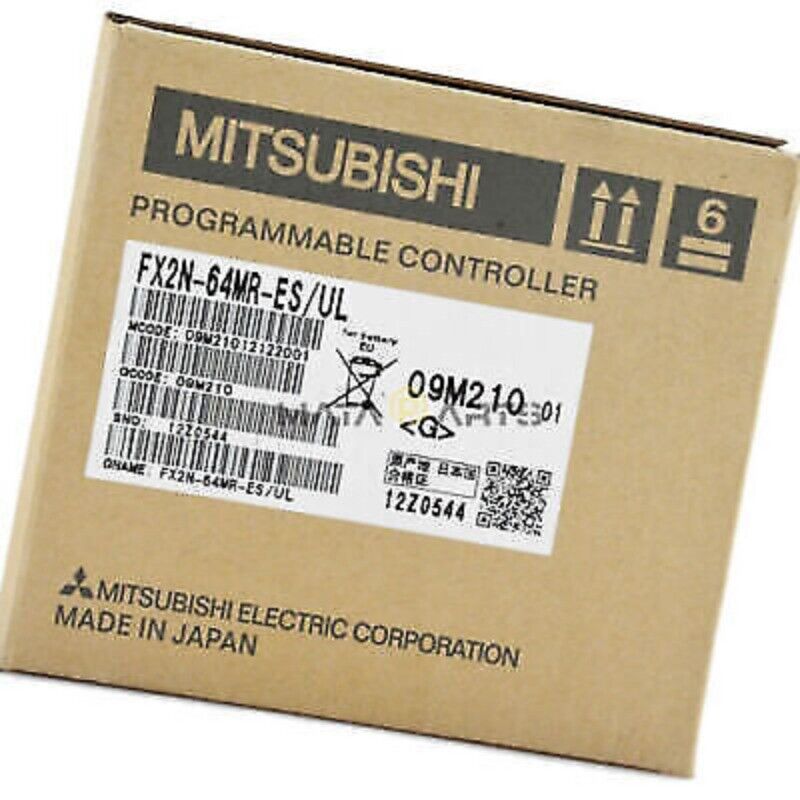 Mitsubishi FX2N-64MR-ES/UL Programmable Controller PLC box showing product details, barcode labels. Made in Japan.