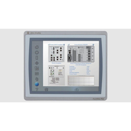 Allen-Bradley PanelView Plus Screen Showing Stratix 8000 Faceplates and Power Monitor PM5000 data