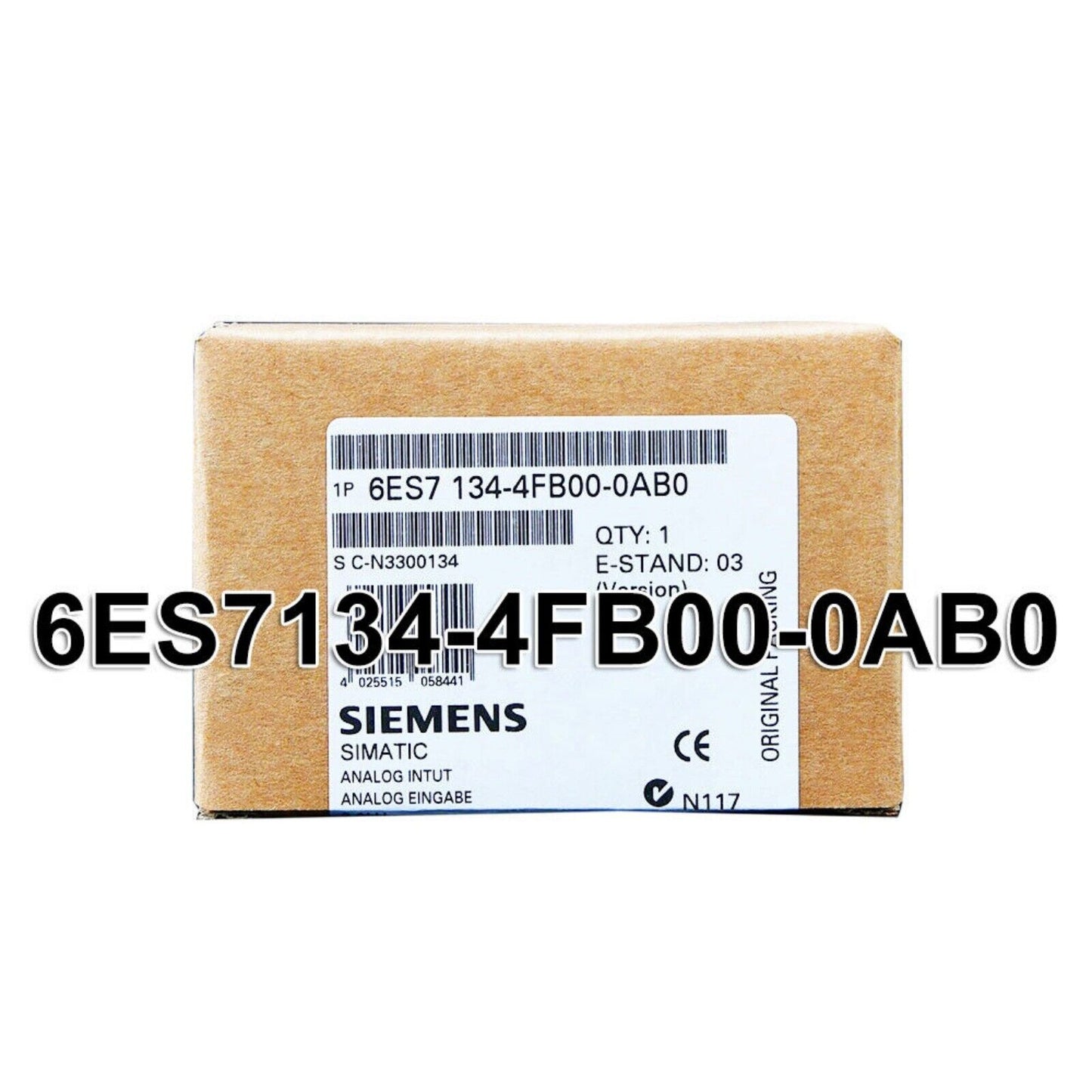 Siemens SIMATIC Analog Input Module 6ES7134-4FB00-0AB0 in original packaging, industrial automation component.