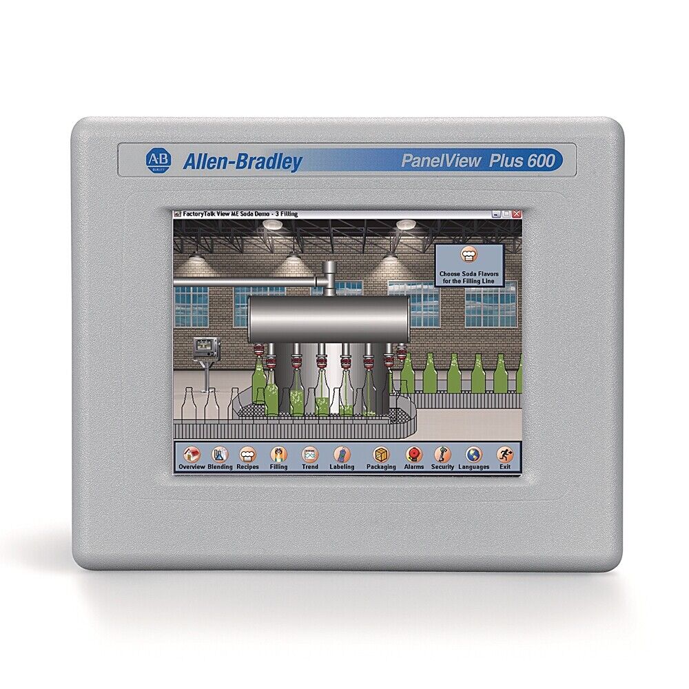 Allen-Bradley PanelView Plus 600 HMI showing soda filling line, supporting FactoryTalk View ME