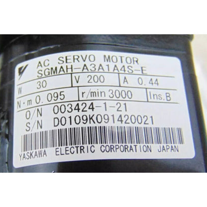 Yaskawa SGMAH-A3A1A4S-E AC servo motor label, industrial automation part, 30W, 200V, 0.44A, made in Japan.