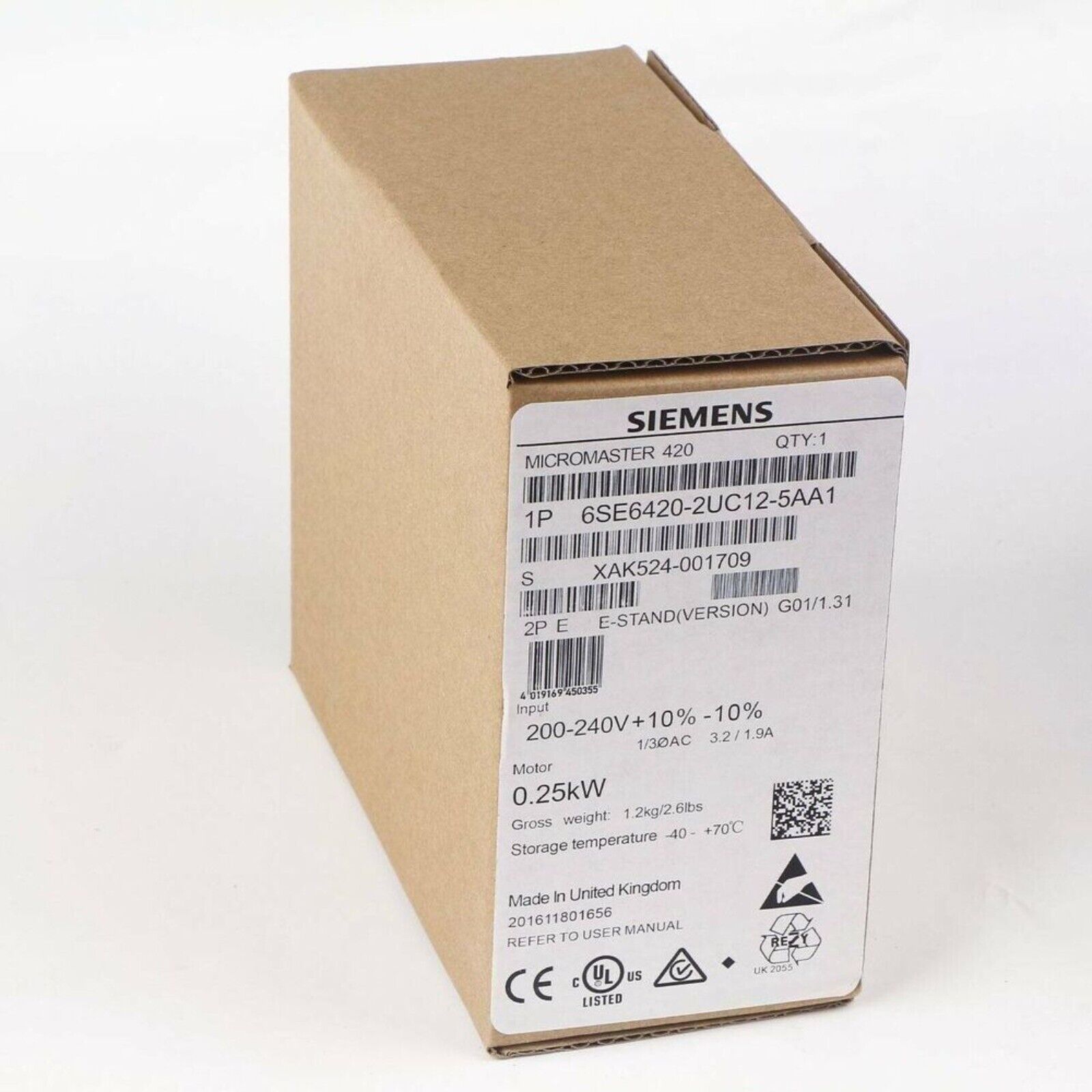Siemens MICROMASTER 420 frequency inverter box, model 6SE6420-2UC12-5AA1